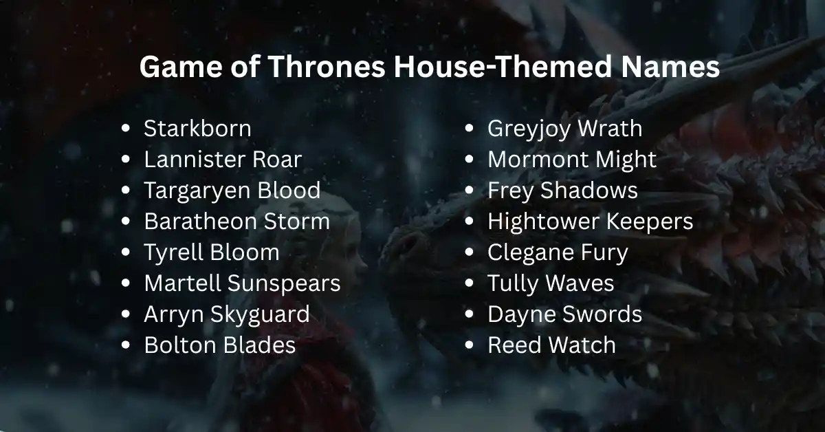 games of thrones house themed team names